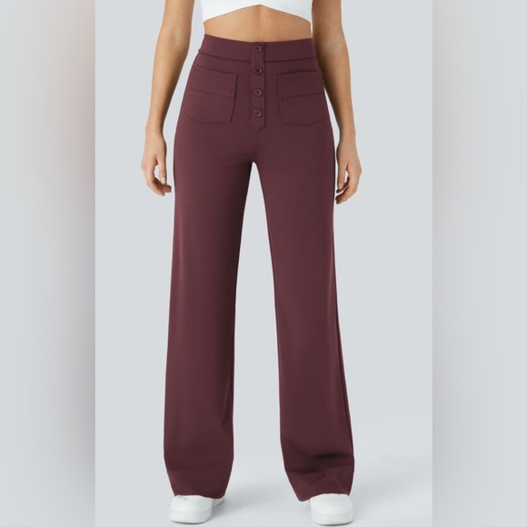 NWT Halara DayStretch High Waisted Pockets Burgundy Casual Pants Size XL - Picture 2 of 5